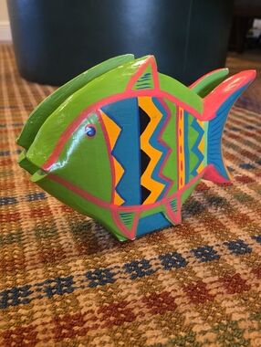 Folk Hand Painted Wooden Fish Neon Napkin Holder